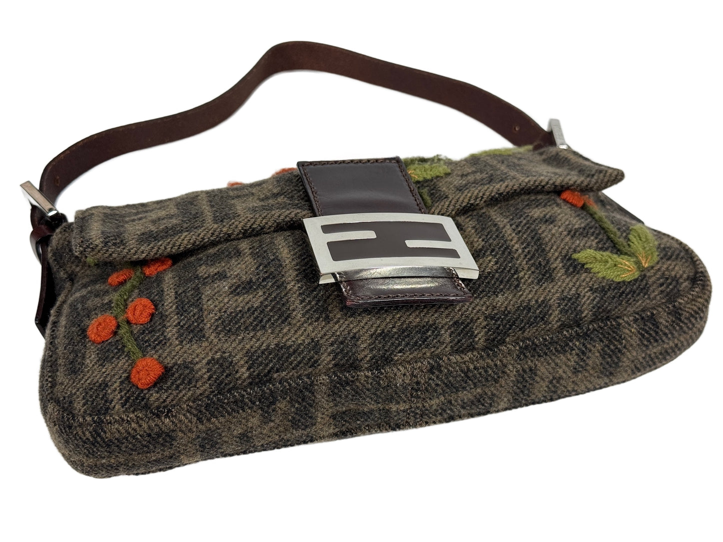 Fendi Vintage Brown Wool Zucca Monogram Cherry Embroidered Shoulder Baguette Bag