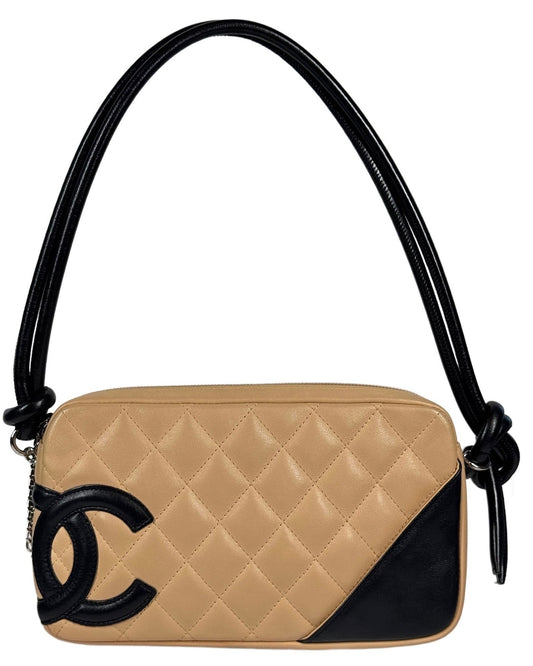 Chanel Vintage 00s Beige Quilted Lambskin Black CC Small Cambon Shoulder Pochette