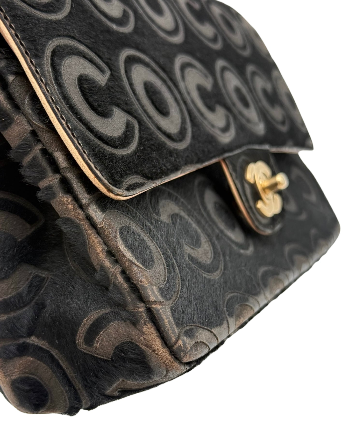 Chanel Vintage 00s Black Pony Hair Coco Embossed Logo Medium Classic Double Flap Bag