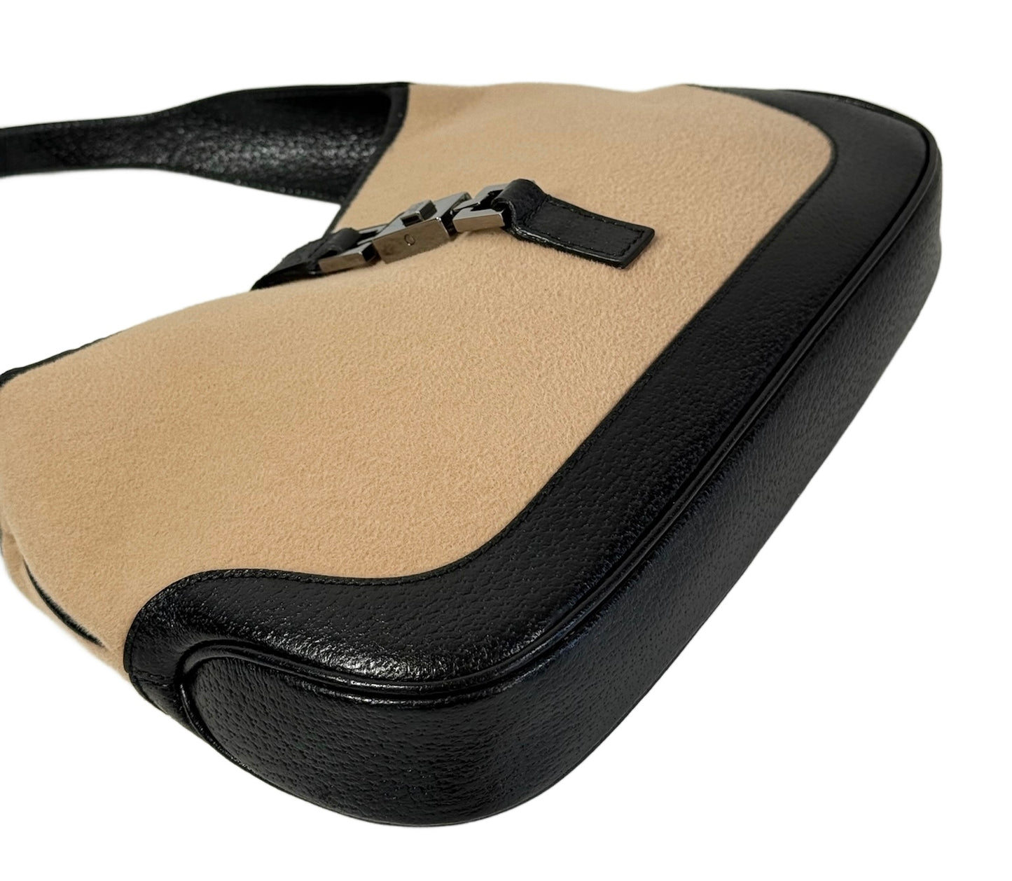 Gucci Vintage Beige Felt Black Leather Trim Small Jackie O Shoulder Bag