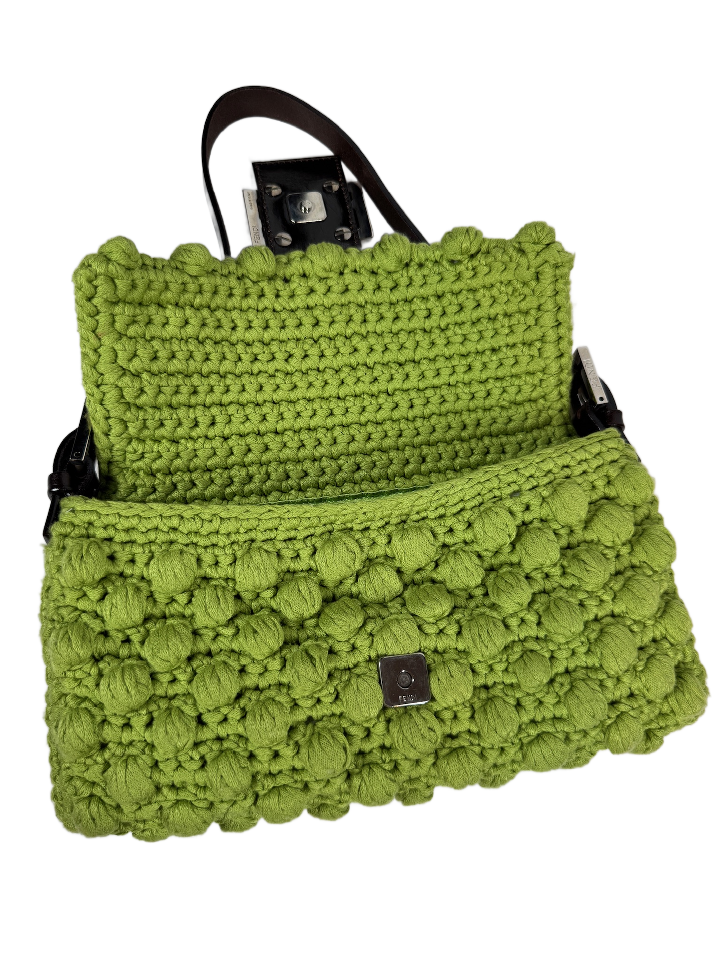 Fendi Vintage Lime Green Crochet Knit Shoulder Baguette Bag