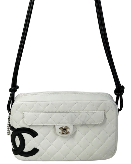 Chanel Vintage 00s White Quilted Lambskin Black CC Cambon Small Messenger Shoulder Bag — Repainted