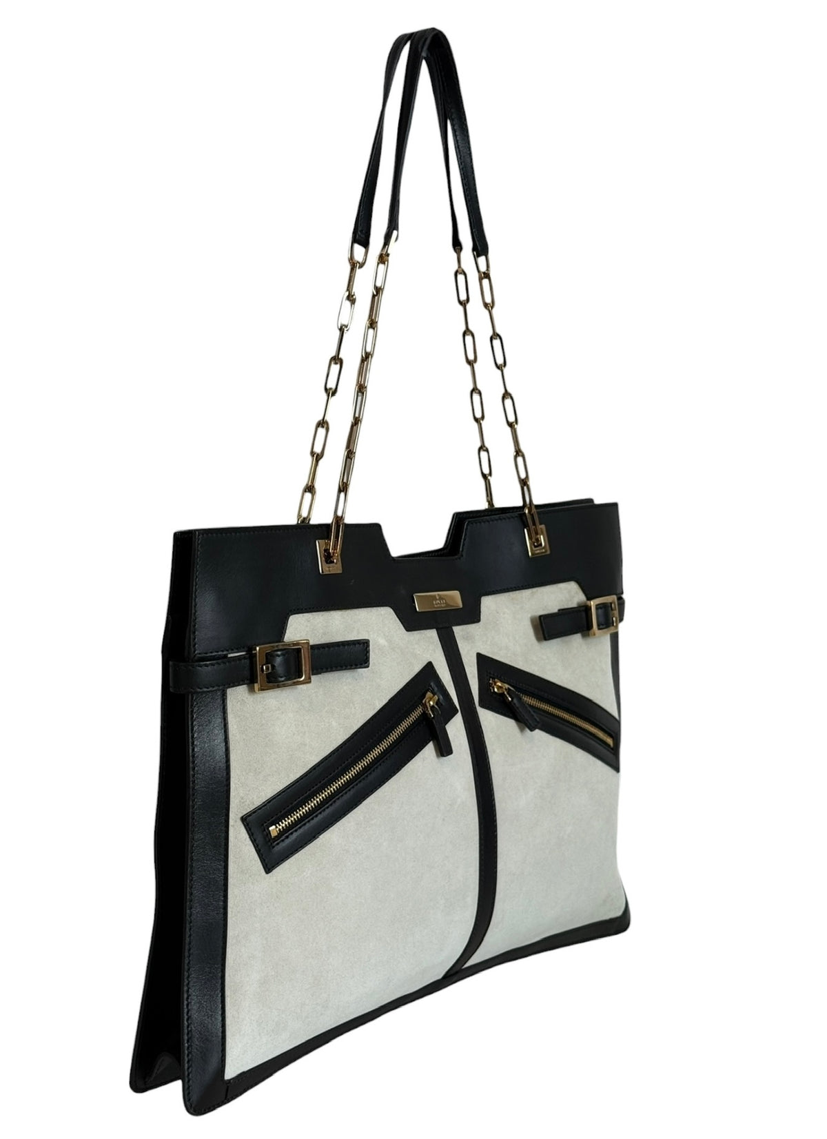 Gucci Vintage Beige Suede Black Leather Chain Link Medium Shoulder Tote Bag