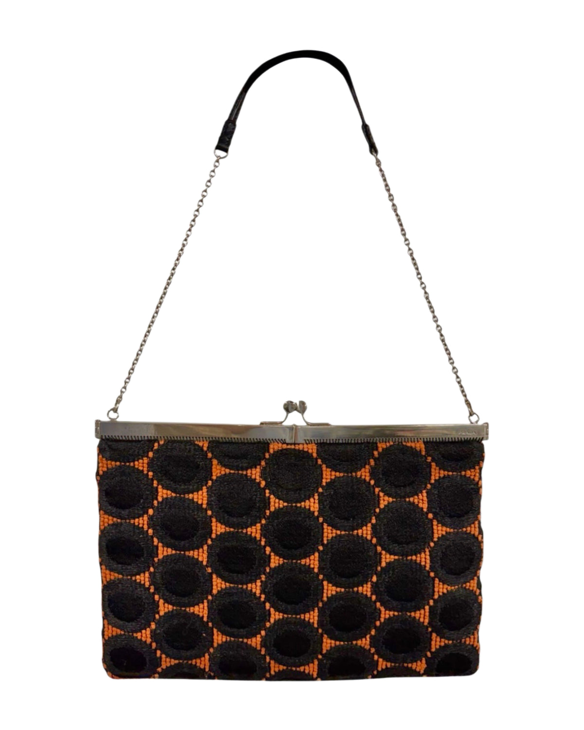 Prada Vintage Black & Orange Polka Dot Kisslock Chain Clutch Shoulder Bag