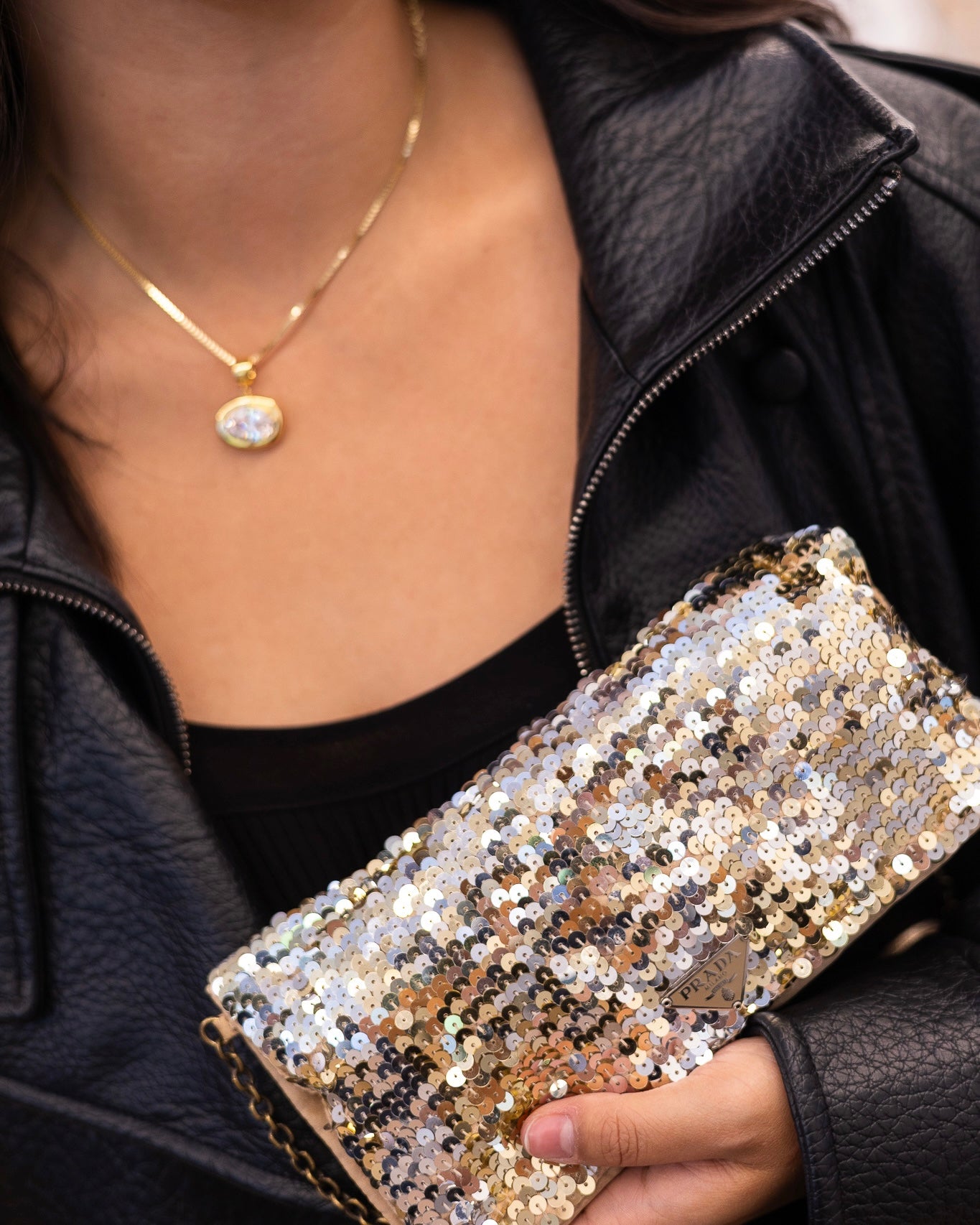 Prada Vintage Gold & Silver Metallic Sequin Satin Evening Shoulder Bag with Mirror