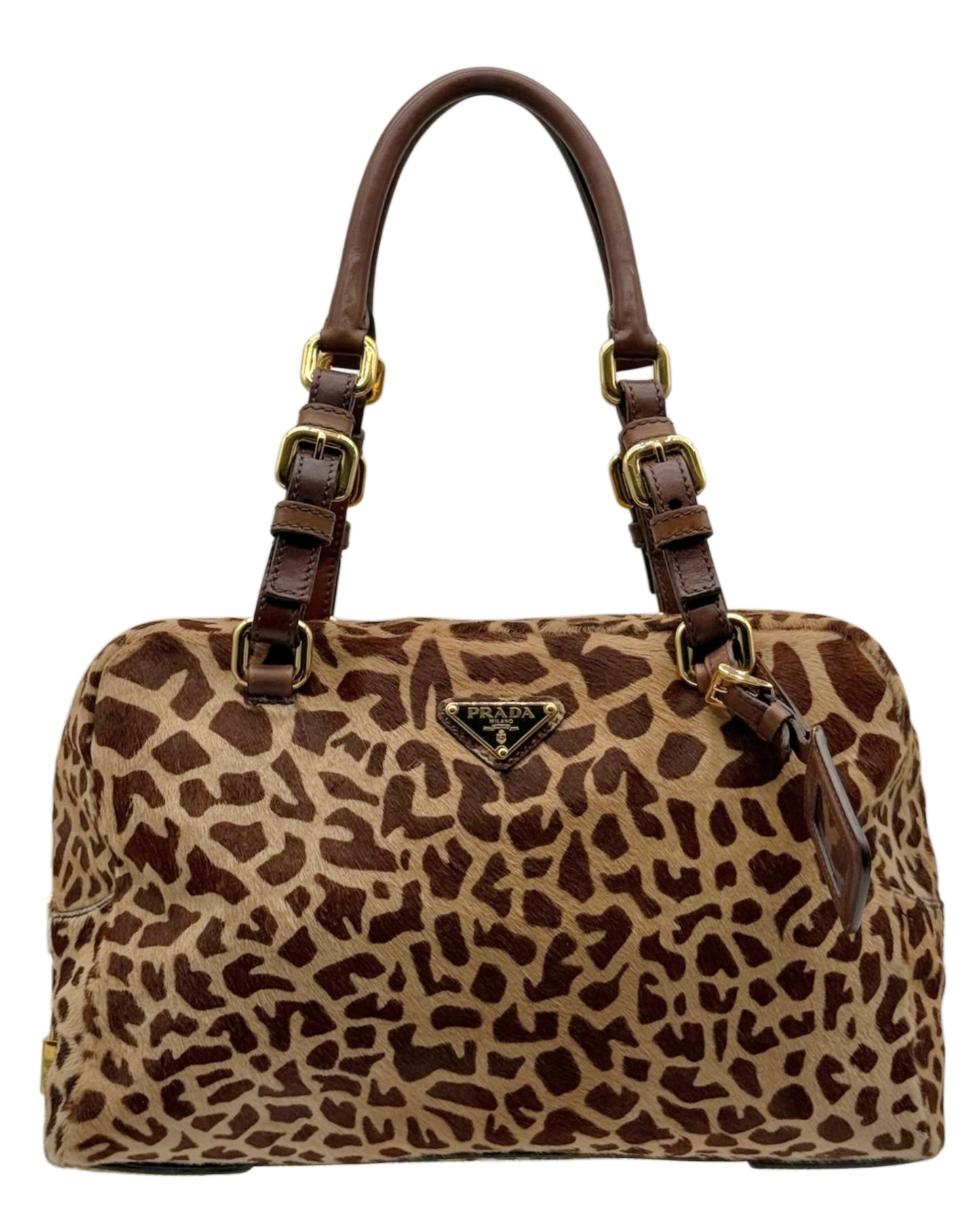 Prada Vintage Brown Giraffe Print Pony Hair Medium Bowler Boston Shoulder Bag