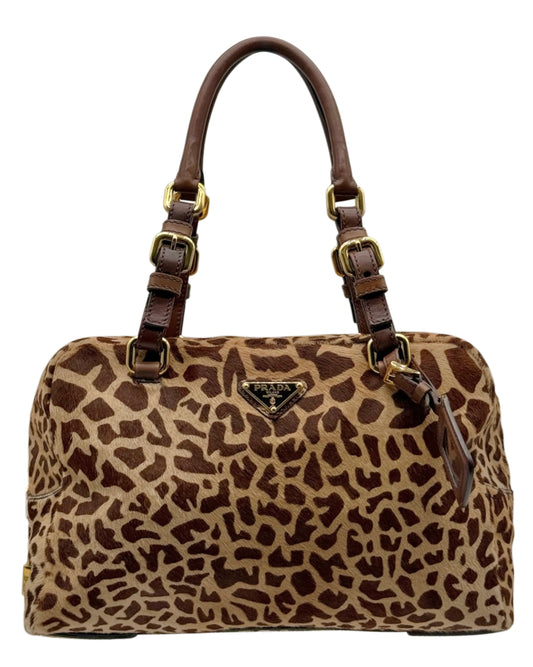Prada Vintage Brown Giraffe Print Pony Hair Medium Bowler Boston Shoulder Bag