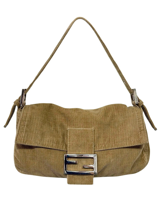 Fendi Vintage Light Brown / Beige Corduroy Shoulder Baguette Bag