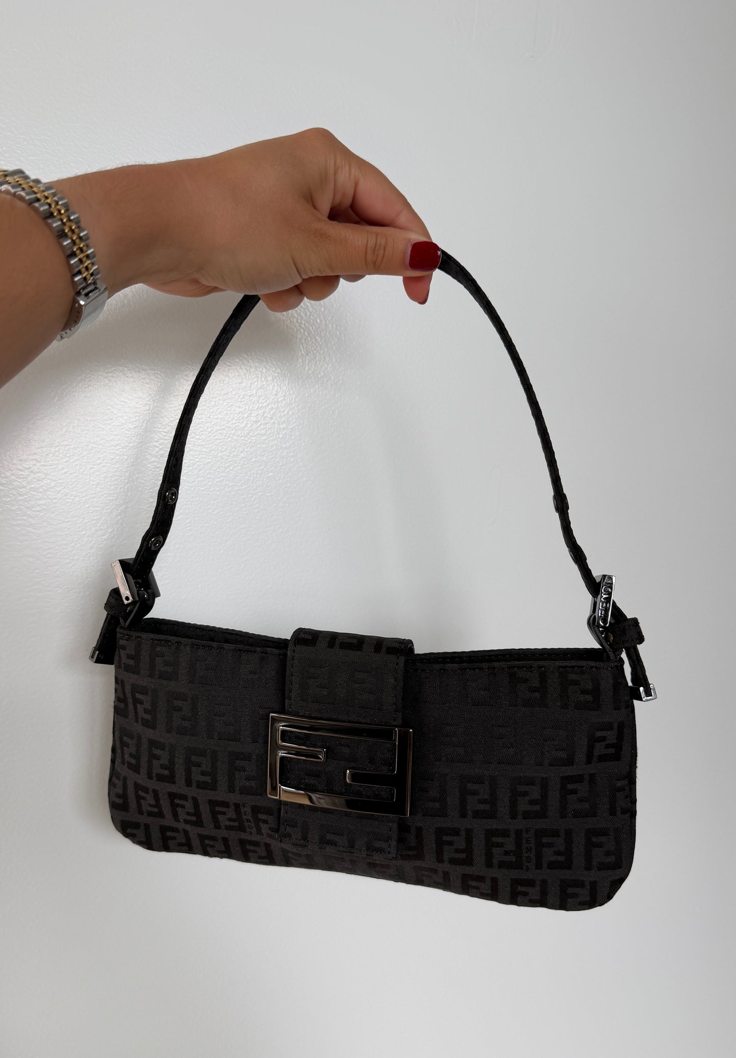Fendi Vintage Black Zucchino Zucca Monogram Flat Pochette Shoulder Baguette Bag