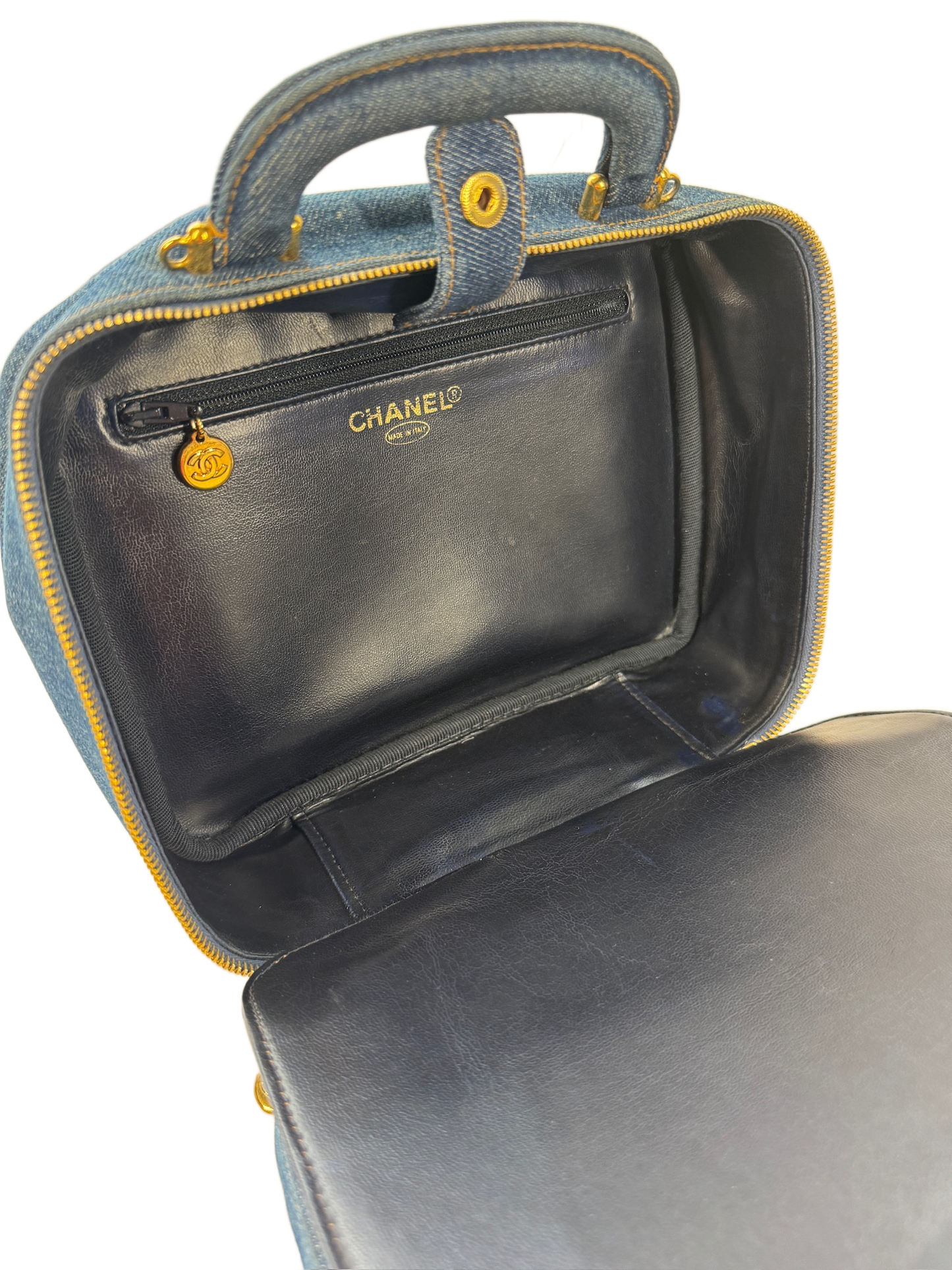Chanel Vintage 90s Denim CC Top Handle Vanity Case w Shoulder Crossbody Strap