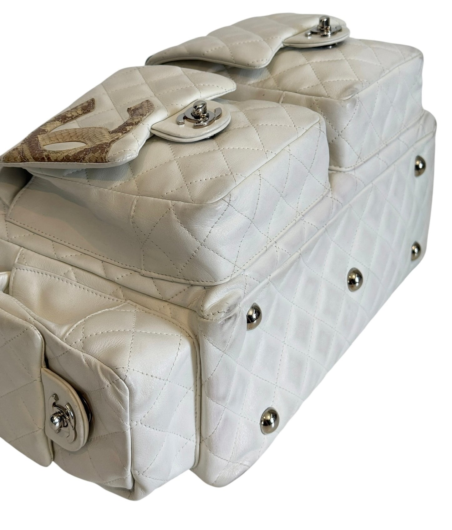 Chanel Vintage 00s White Quilted Lambskin Python CC Cambon Large Reporter Shoulder Bag