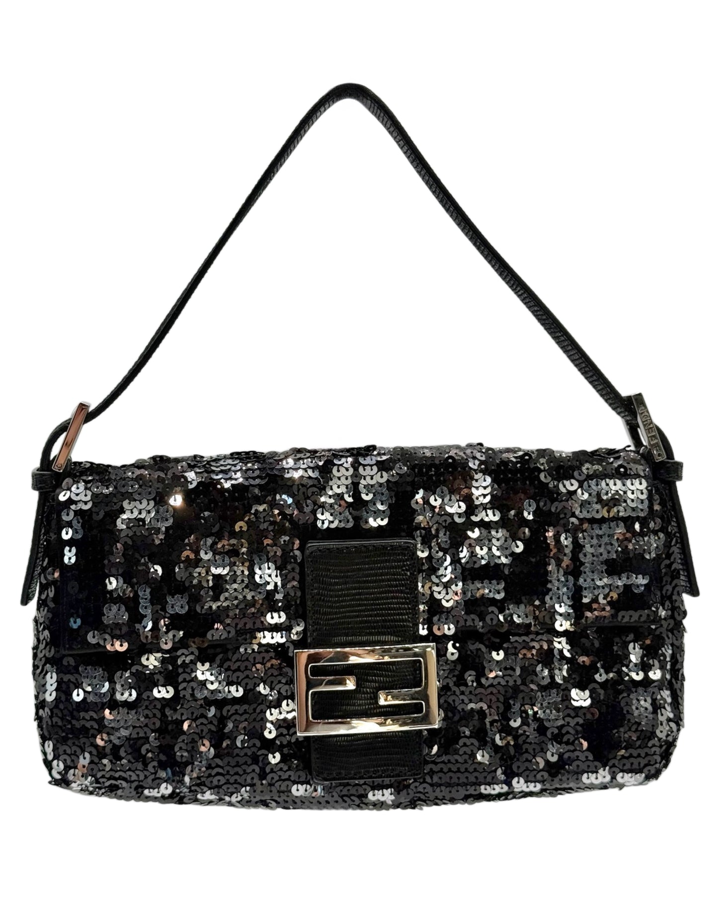 Fendi Vintage Black & Silver Sequin Zucca Monogram Shoulder Baguette Bag w Lizard Trim
