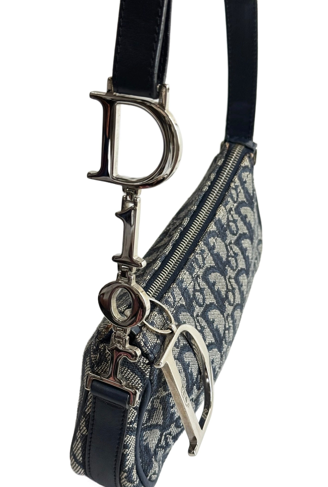 Dior Vintage 2004 Navy Blue Trotter Monogram D Charm Logo Small Pochette Shoulder Bag