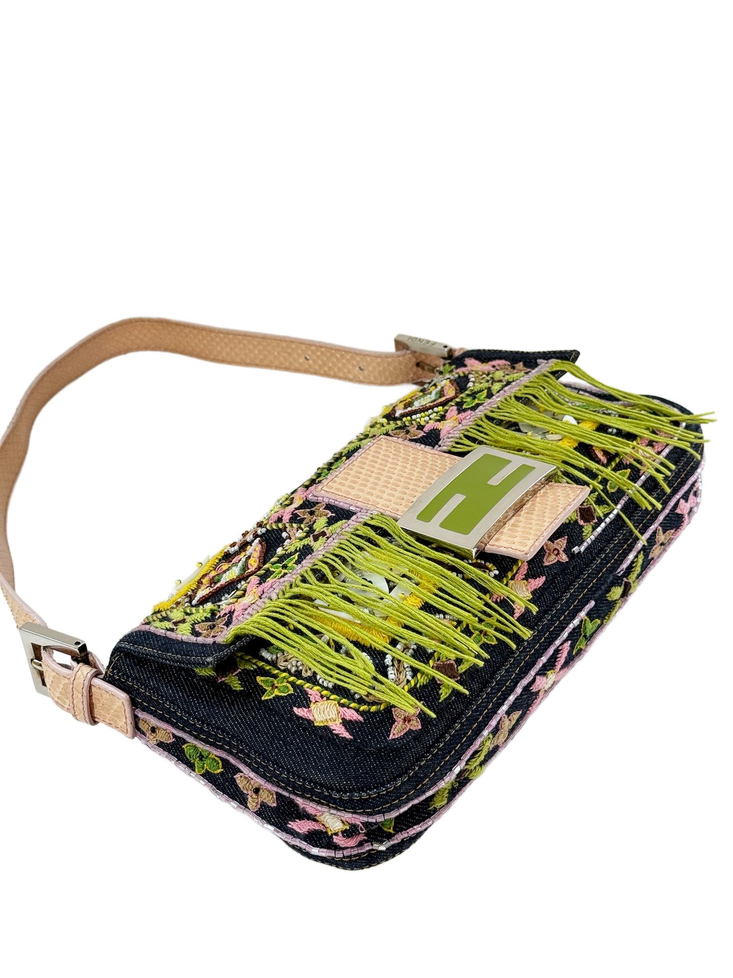 Fendi Vintage Blue Denim Pink Lizard Trim Green Fringe Beaded Embroidered Shoulder Baguette Bag