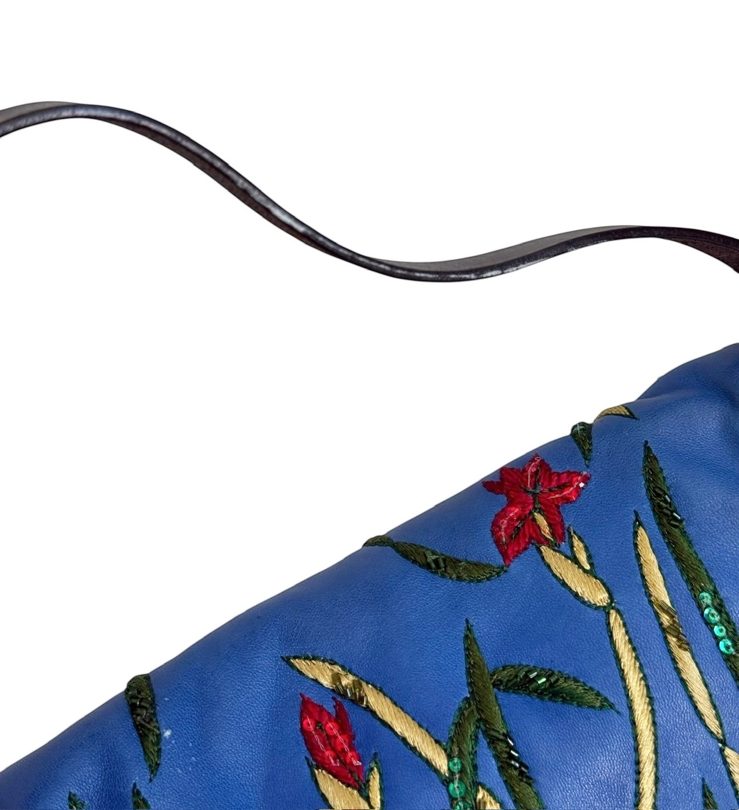 Fendi Vintage Blue Lambskin Floral Embroirdered Beaded Sequin Shoulder Baguette Bag 