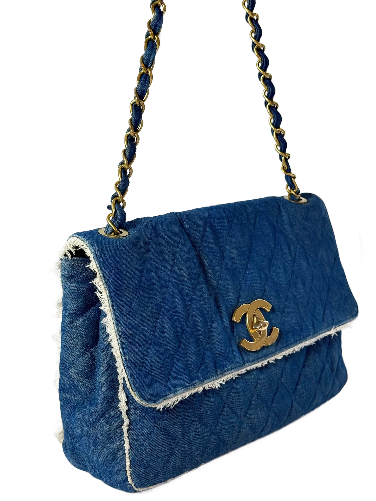 Chanel Vintage Blue Quilted Denim Fringe Maxi Crossbody Shoulder Flap Bag w 24K Gold Plated Hardware