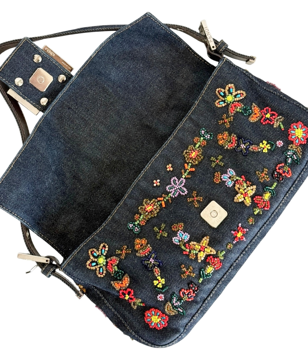 Fendi Vintage Blue Denim Floral Embroidered Beaded Shoulder Baguette Bag