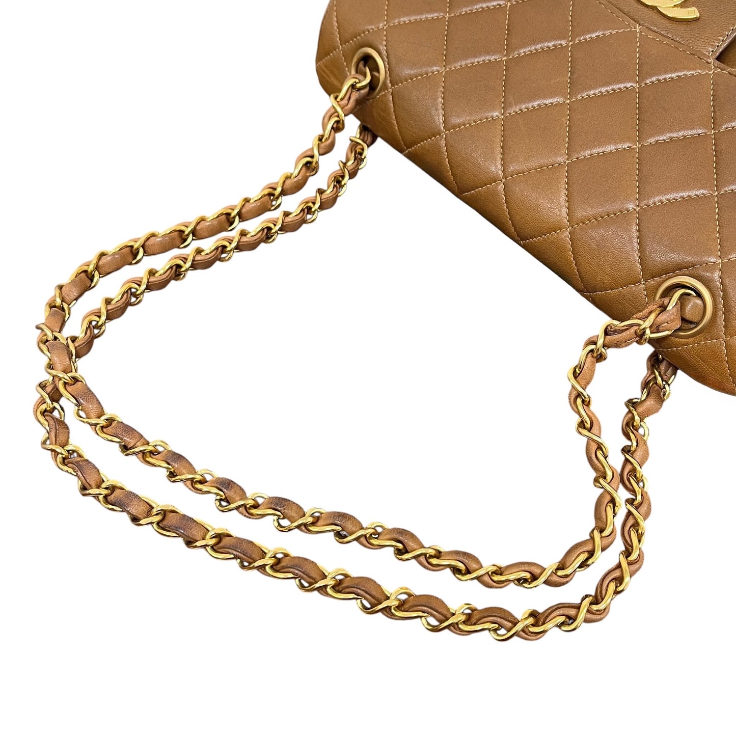 Chanel Vintage 90s Light Brown Quilted Lambskin Small Two-Faced Double Sided Classic Flap Bag with 24K Gold Plated Hardware 