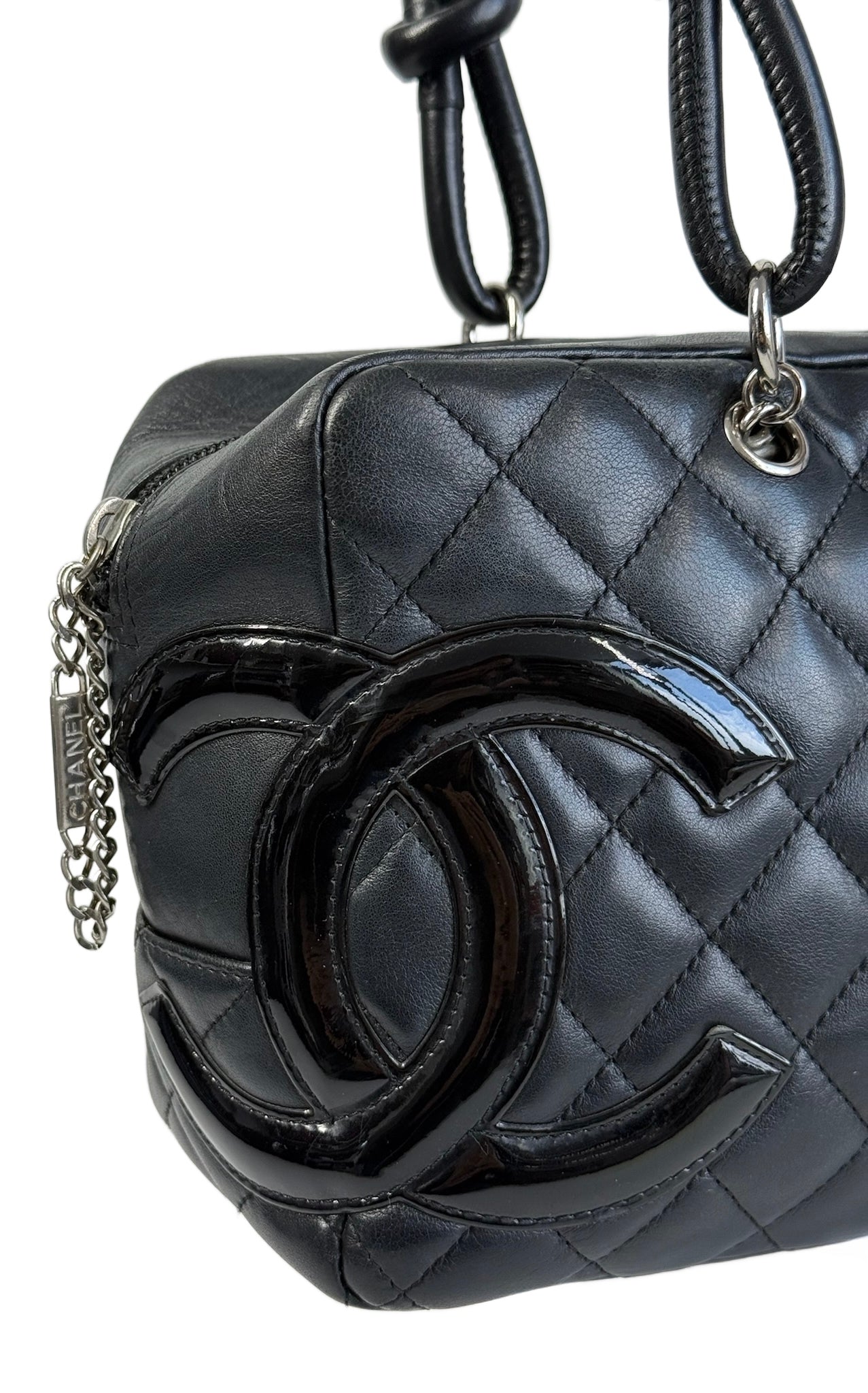 Chanel Vintage Black Quilted Lambskin Small Cambon CC Bowler Shoulder Bag