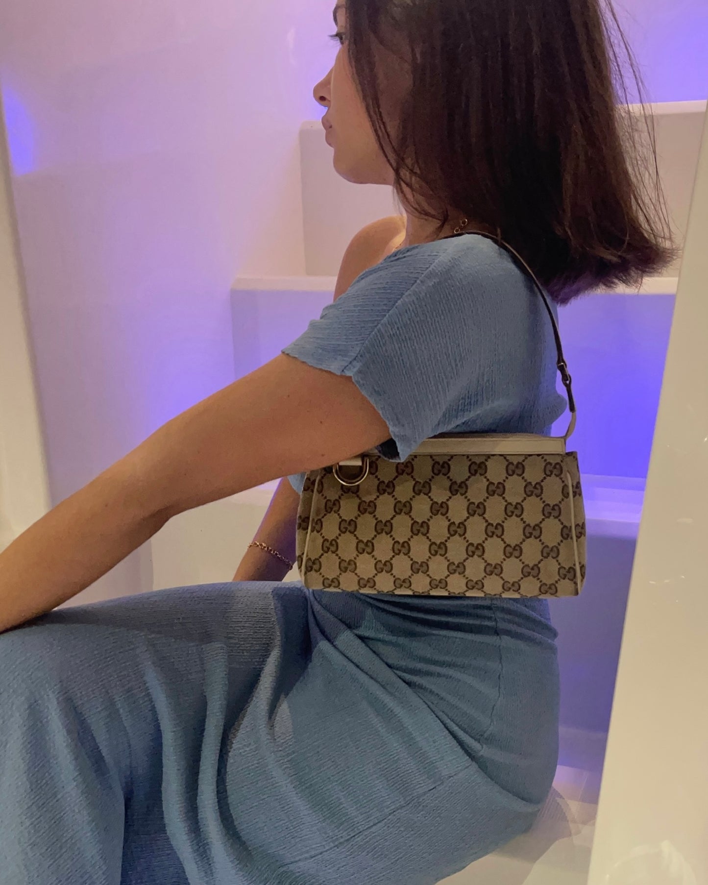 Gucci Vintage Brown GG Monogram Ivory Leather Trim Abbey Pochette