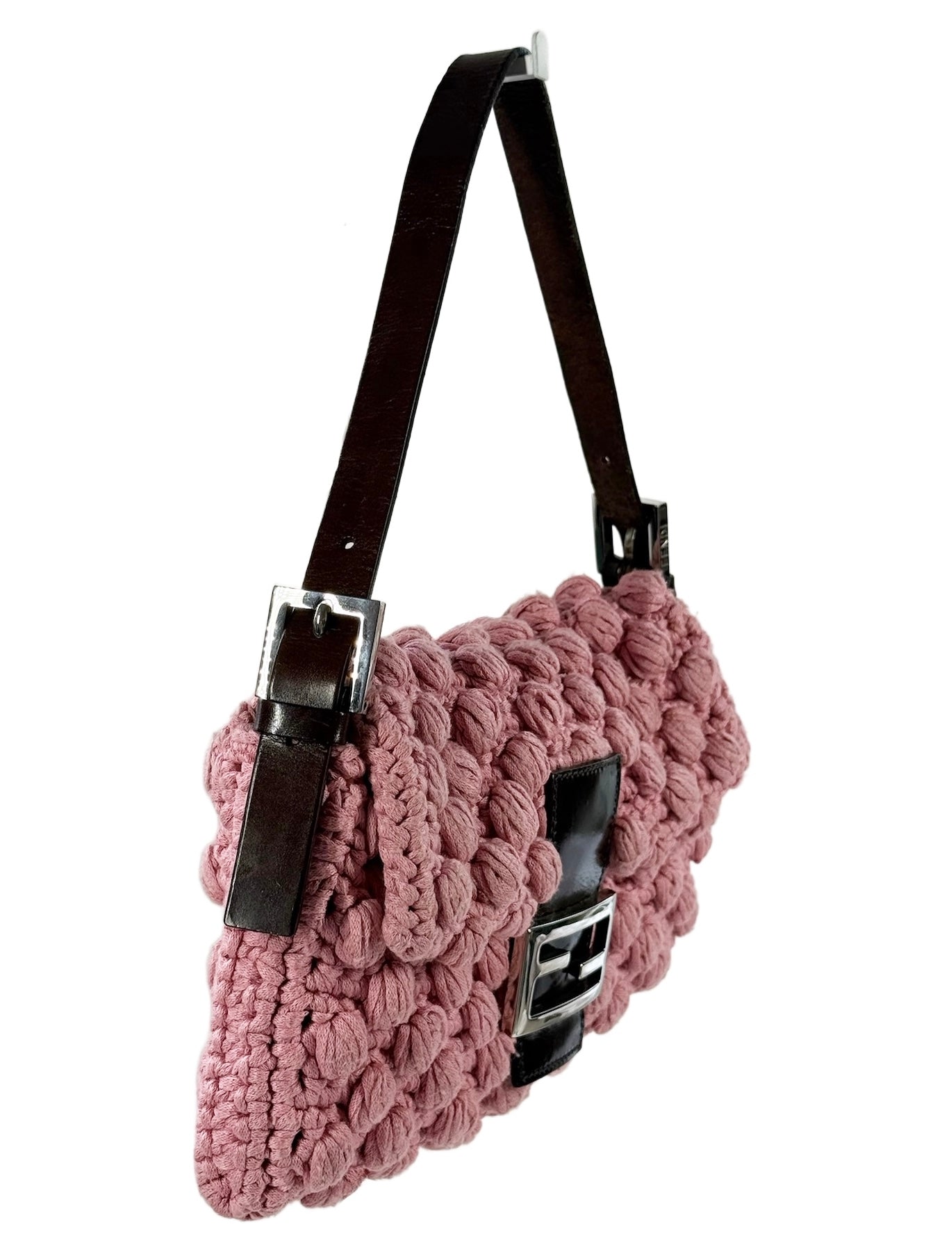 Fendi Vintage Pink Crochet Knit Shoulder Baguette Bag