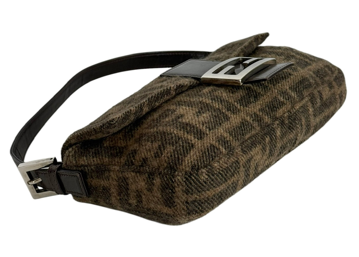 Fendi Vintage Brown Zucca Monogram Knit Wool Shoulder Baguette Bag
