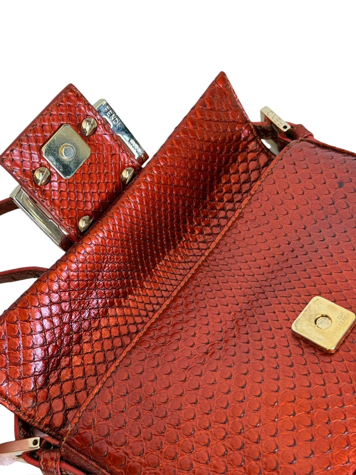 Fendi Vintage Burnt Orange Python Mini Baguette Shoulder Bag