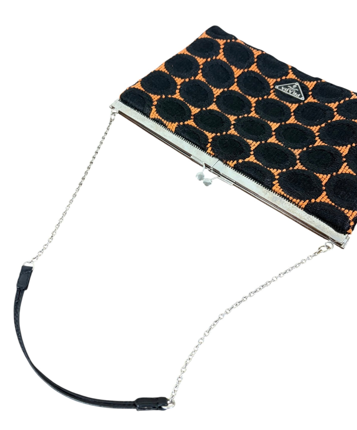 Prada Vintage Black & Orange Polka Dot Kisslock Chain Clutch Shoulder Bag