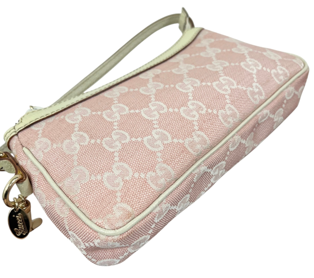 Gucci Vintage Pink GG Monogram White Leather Trim Mini Charmy Shoulder Pochette Bag
