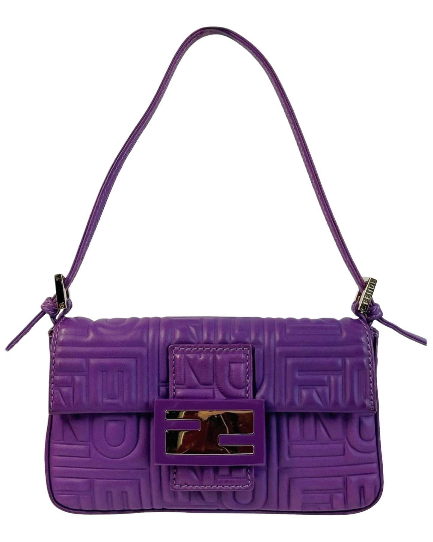 Fendi Vintage Purple Nappa Embossed Logo Leather Shoulder Mini Baguette Shoulder Bag