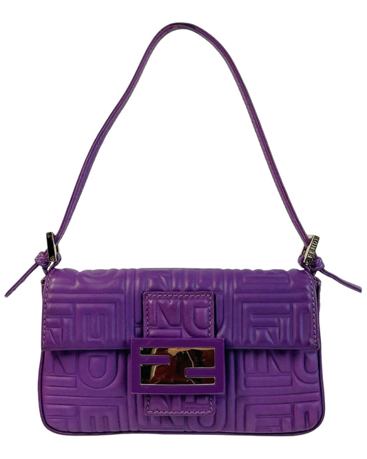 Fendi Vintage Purple Nappa Embossed Logo Leather Shoulder Mini Baguette Shoulder Bag