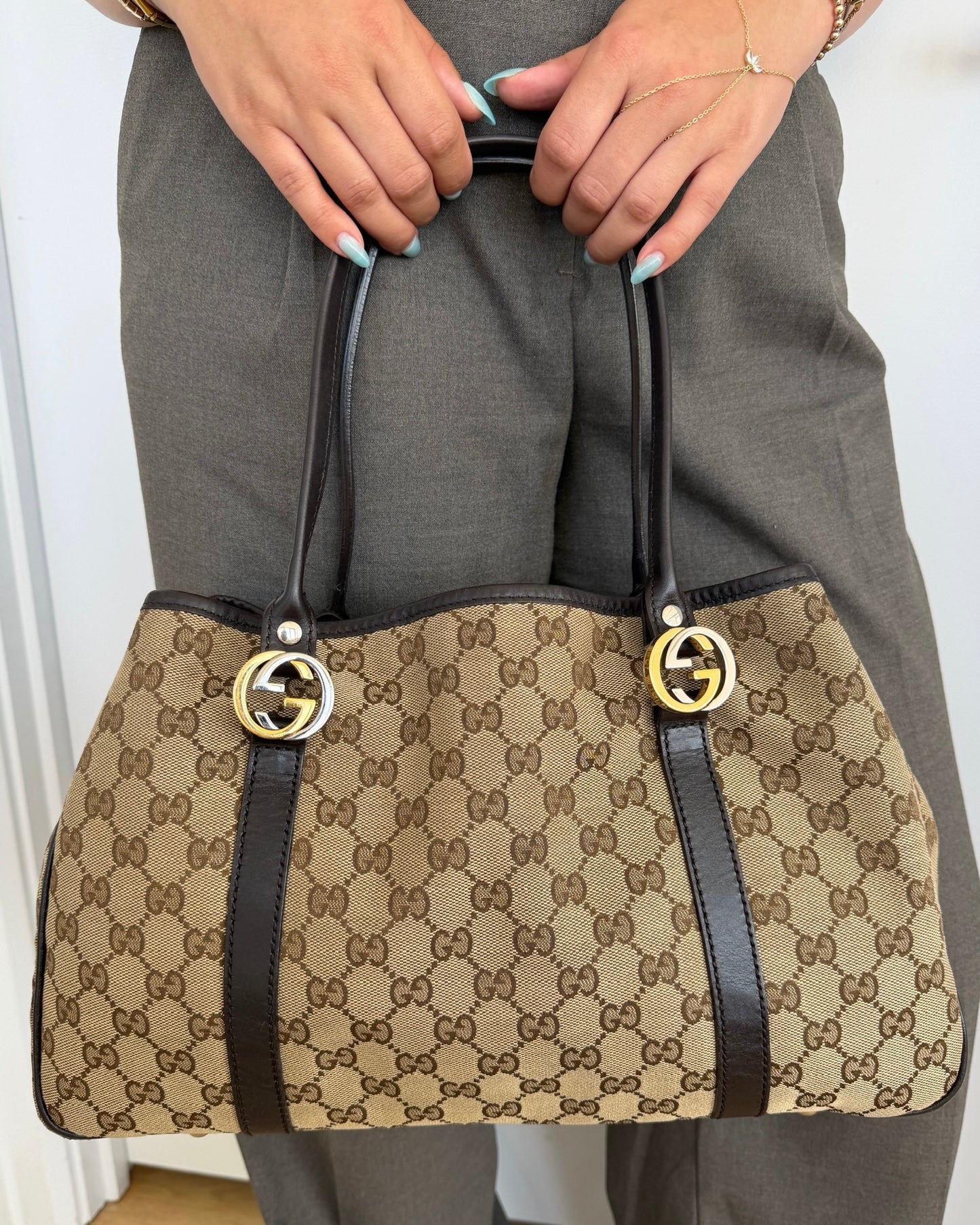Gucci Vintage Brown GG Monogram Mixed Metal Interlocking GG Twins Shoulder Tote Bag