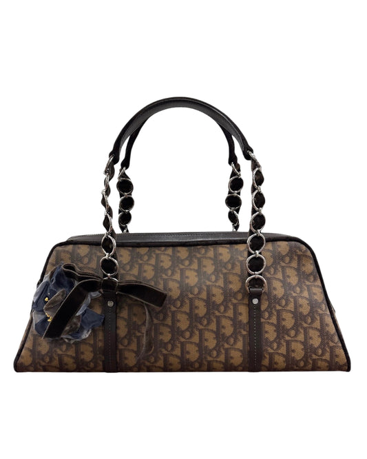Dior Vintage 2005 Brown Diorissimo Monogram Canvas Romantique Velvet Bow Floral Trotter East West Shoulder Bag