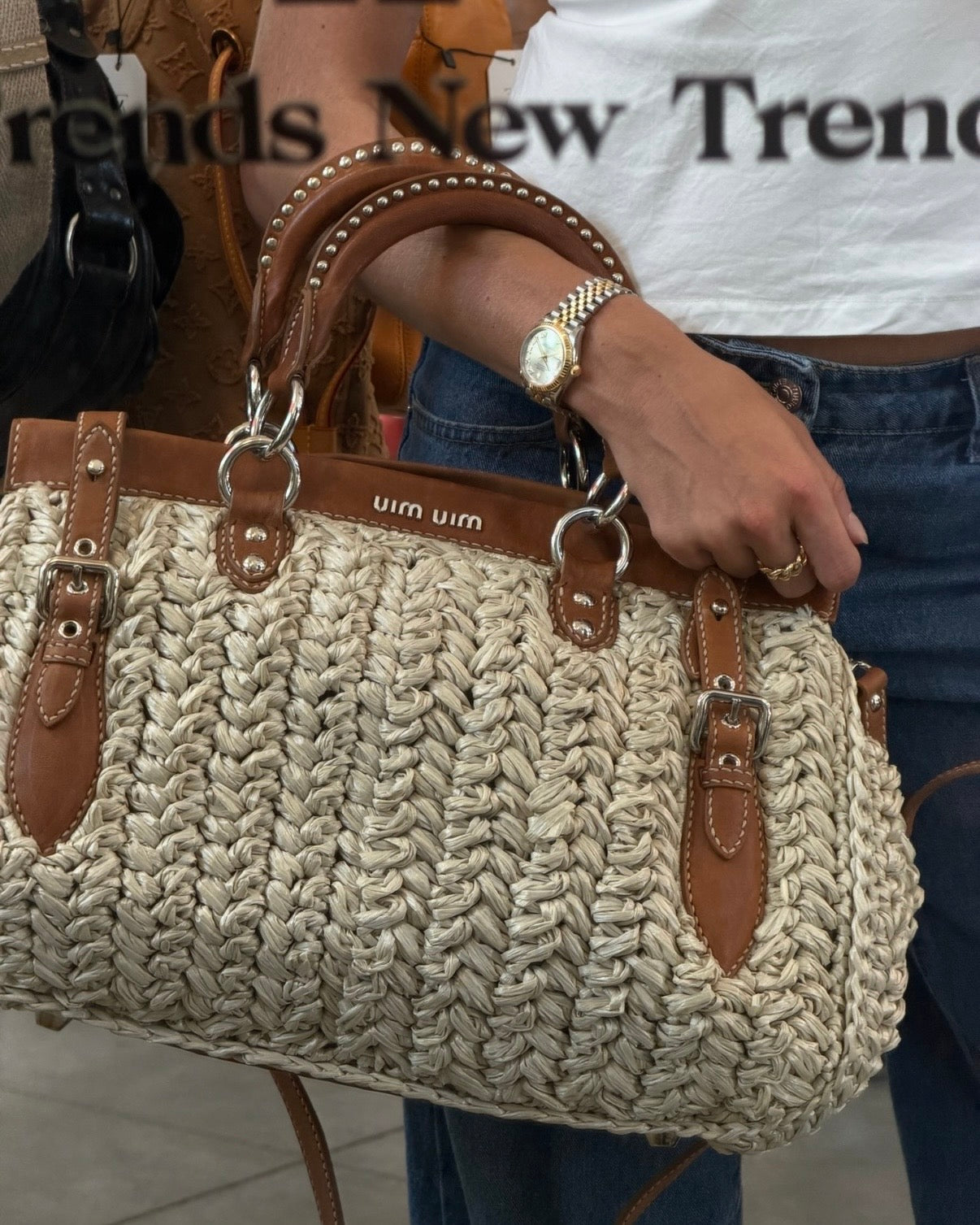 Miu Miu Vintage Beige Woven Raffia Brown Leather Trim Two-Way Shoulder Bag