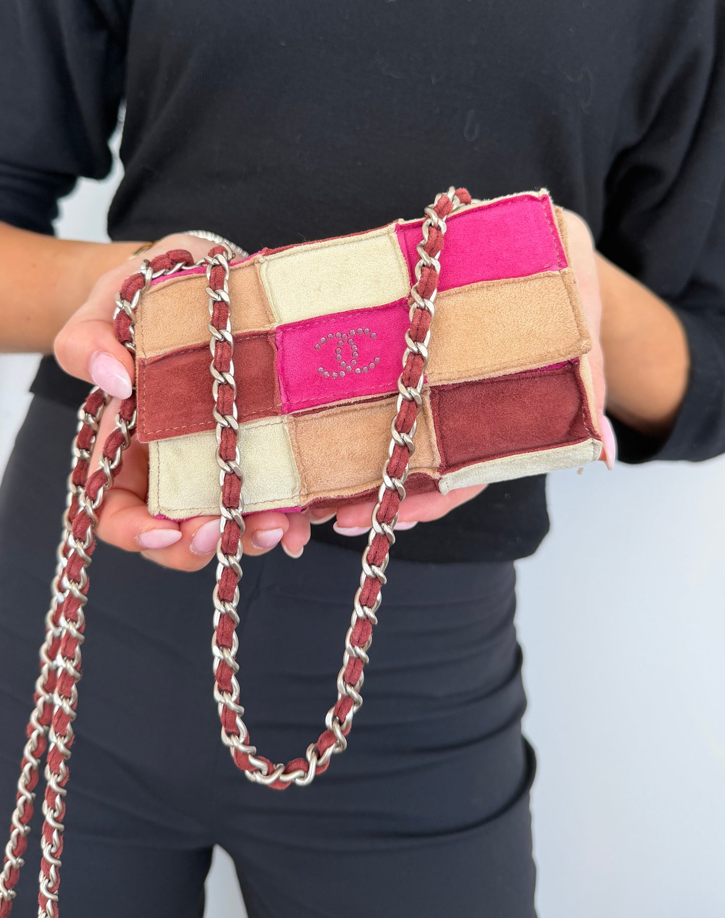 Chanel Vintage 90s Light Brown and Pink Patchwork Suede Crystal CC Logo Micro Mini Flap Crossbody Bag 