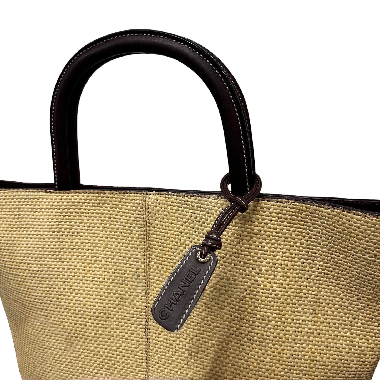 Chanel Vintage 90s Beige Raffia Brown Lambskin Top Handle Tote Bag 