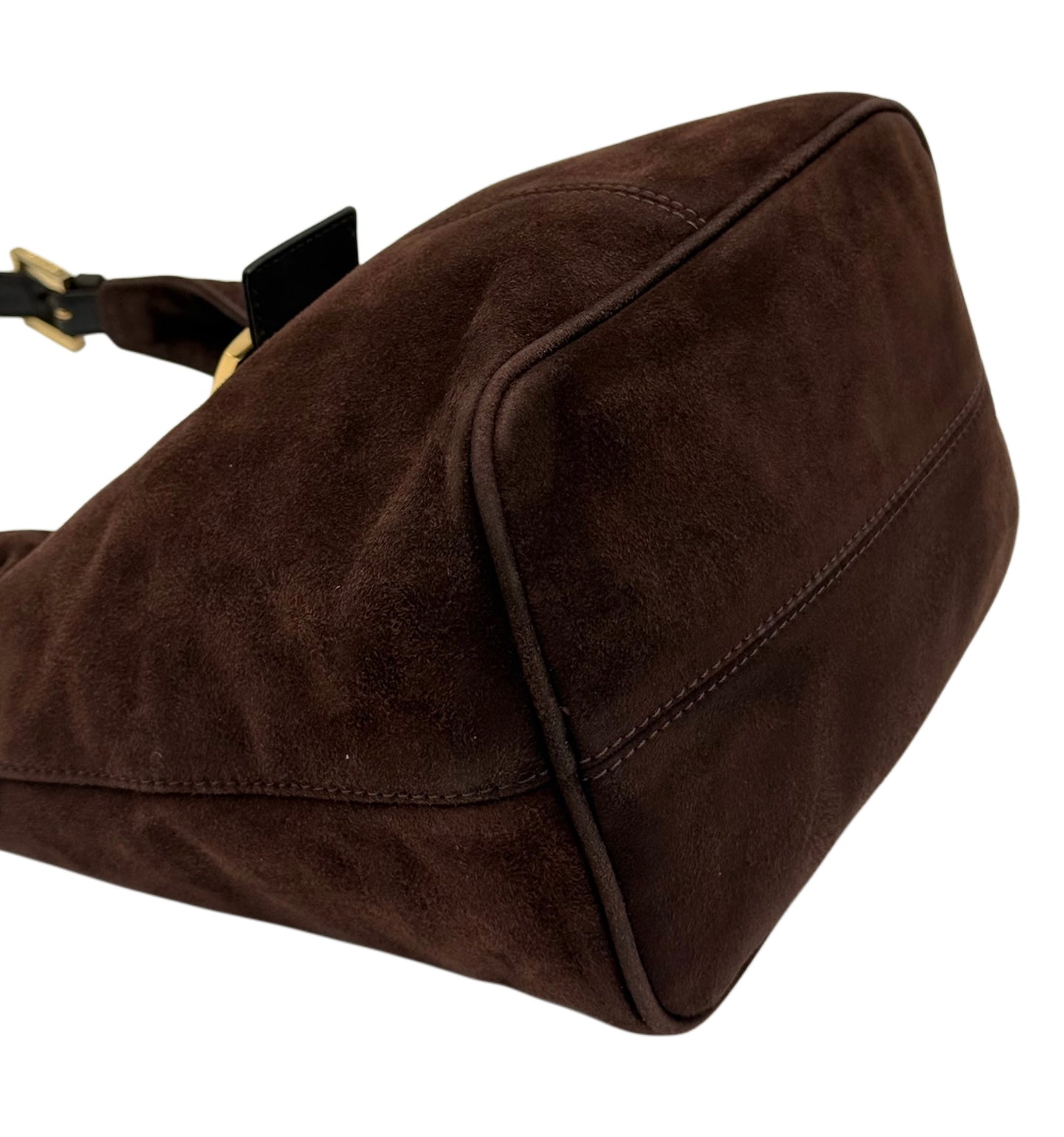 Fendi Vintage Brown Suede Hobo Bucket Shoulder Baguette Bag with Purple Glitter Logo