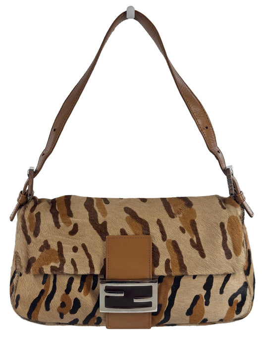 Fendi Vintage Beige Brown Leopard Print Pony Hair Shoulder Baguette Bag 