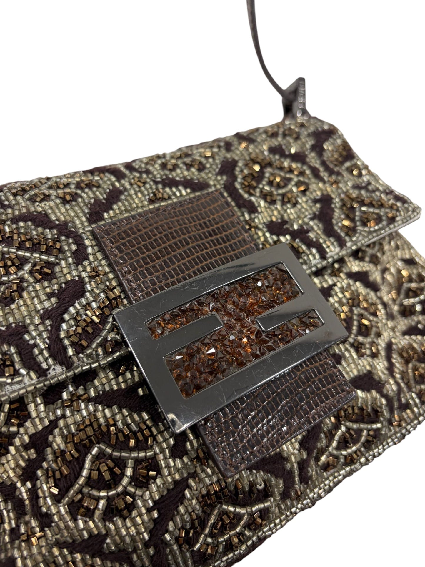 Fendi Vintage Brown Beaded Floral Embroidered Crystal Lizard Trim Mini Mamma Shoulder Baguette Bag