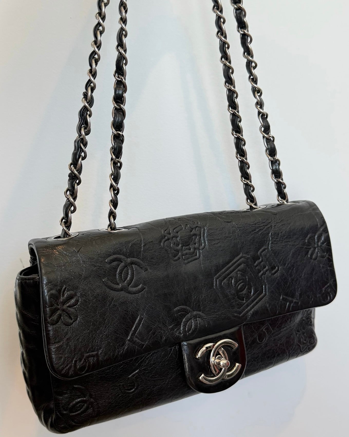 Chanel 2014 Black Calfskin Embossed Precious Symbols Medium Classic Flap with Ruthenium Hardware