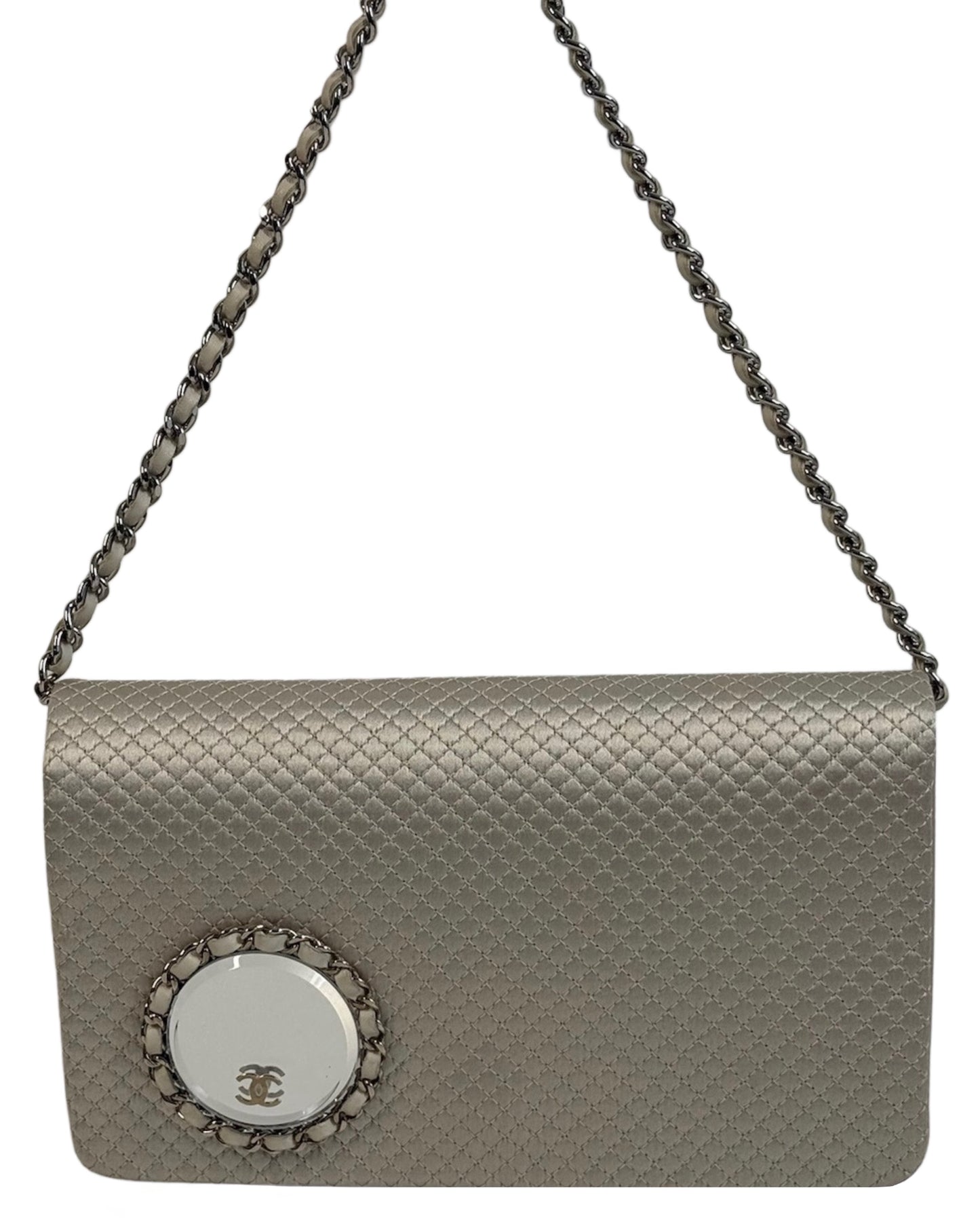 Chanel Vintage Metallic Pewter Quilted Satin CC Logo Mirror Chain Shoulder Bag