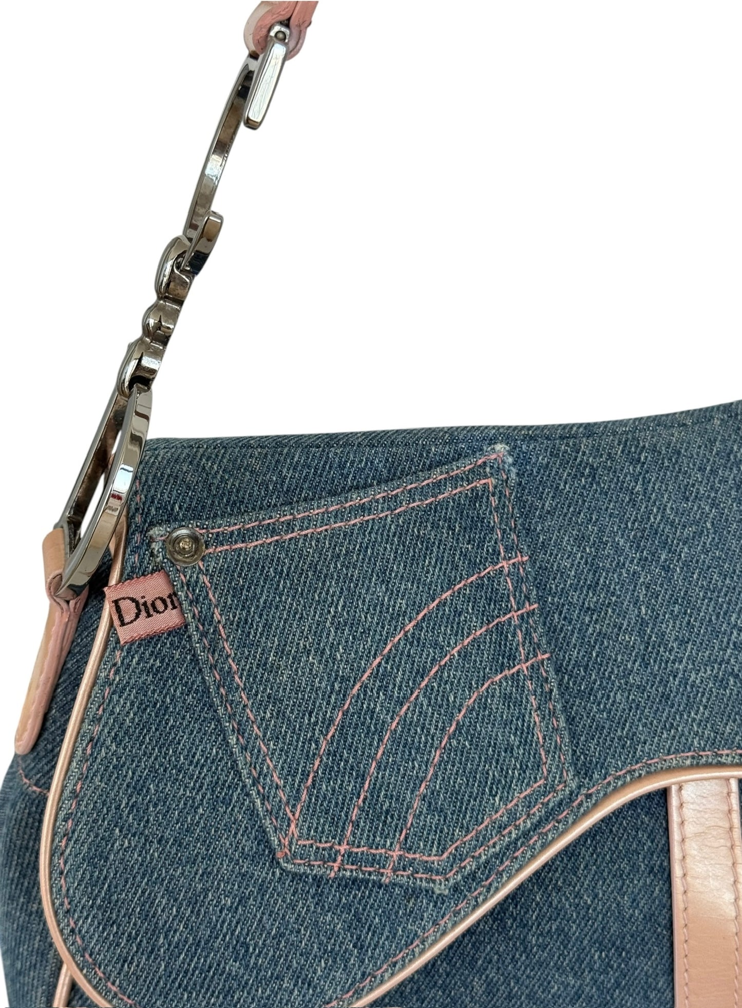 Dior Vintage 2002 Light Blue Denim Pink Patent Trim Jeans Saddle Bag