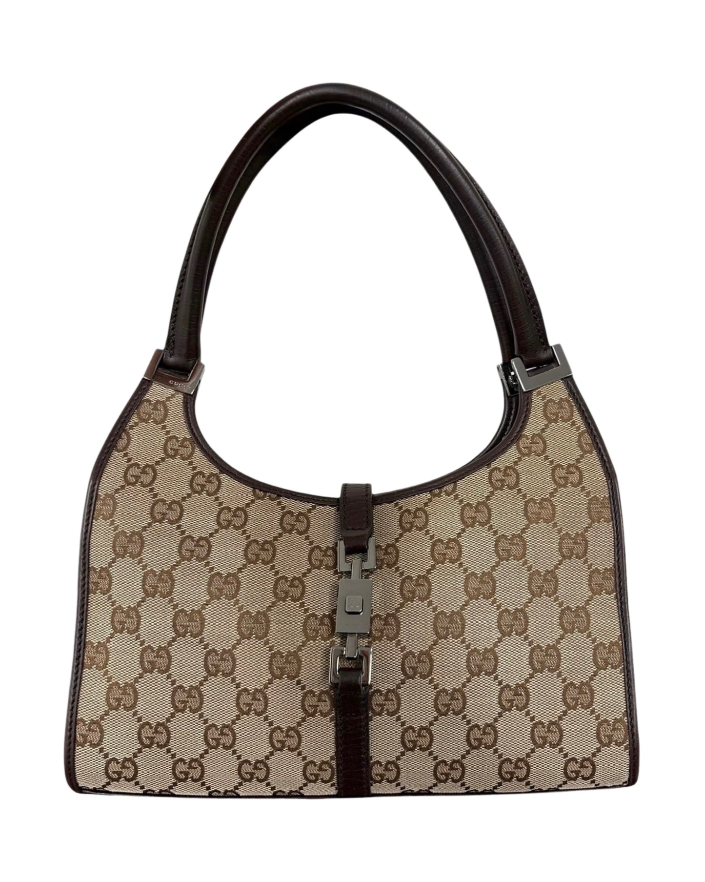 Gucci Vintage Brown GG Monogram Dark Brown Leather Trim Small Jackie Shoulder Bag