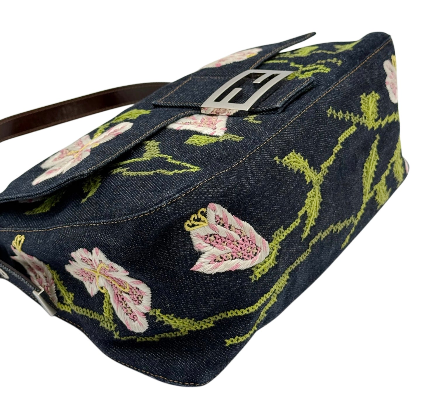 Fendi Vintage Blue Denim Pink Floral Embroidered Mamma Baguette Shoulder Bag