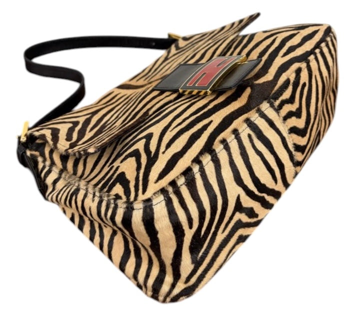 Fendi Vintage Beige Zebra Print Pony Hair Mamma Baguette Shoulder Bag with Red Enamel Trim