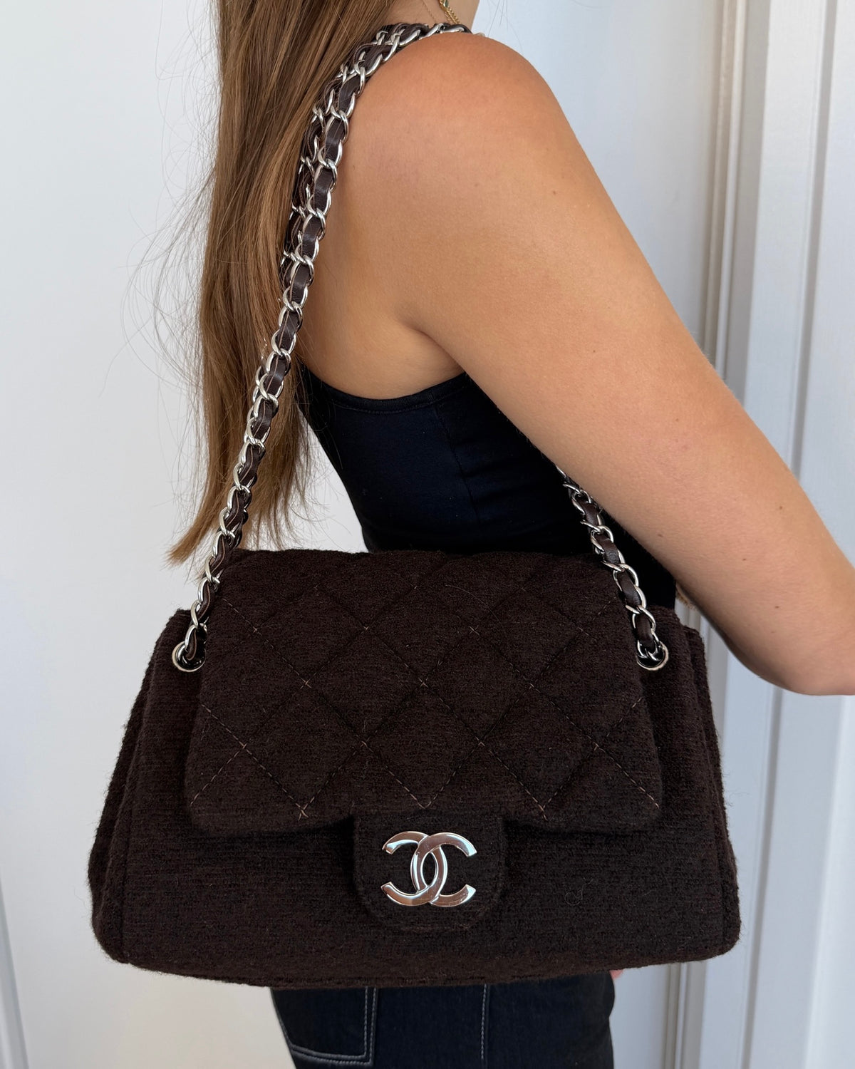 Chanel Vintage 2004-2005 Brown Quilted Wool Square Season Shoulder Flap Bag