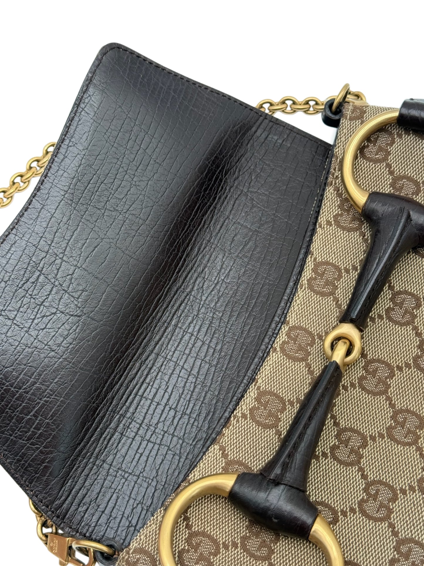 Gucci Vintage Brown GG Monogram Small Horsebit Shoulder Clutch Bag