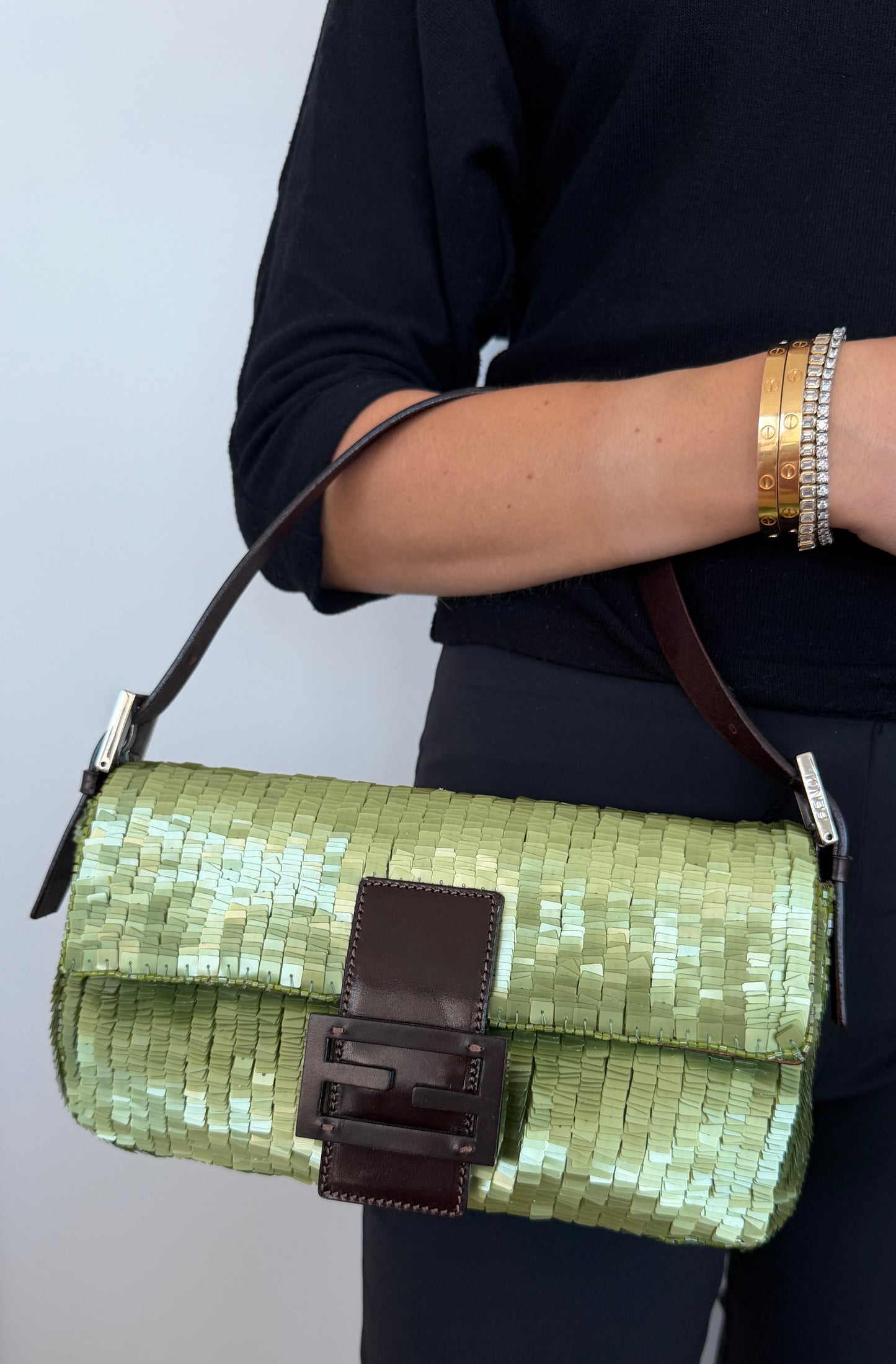 Fendi Vintage Green Paillattes Sequin Beaded Shoulder Baguette Bag 
