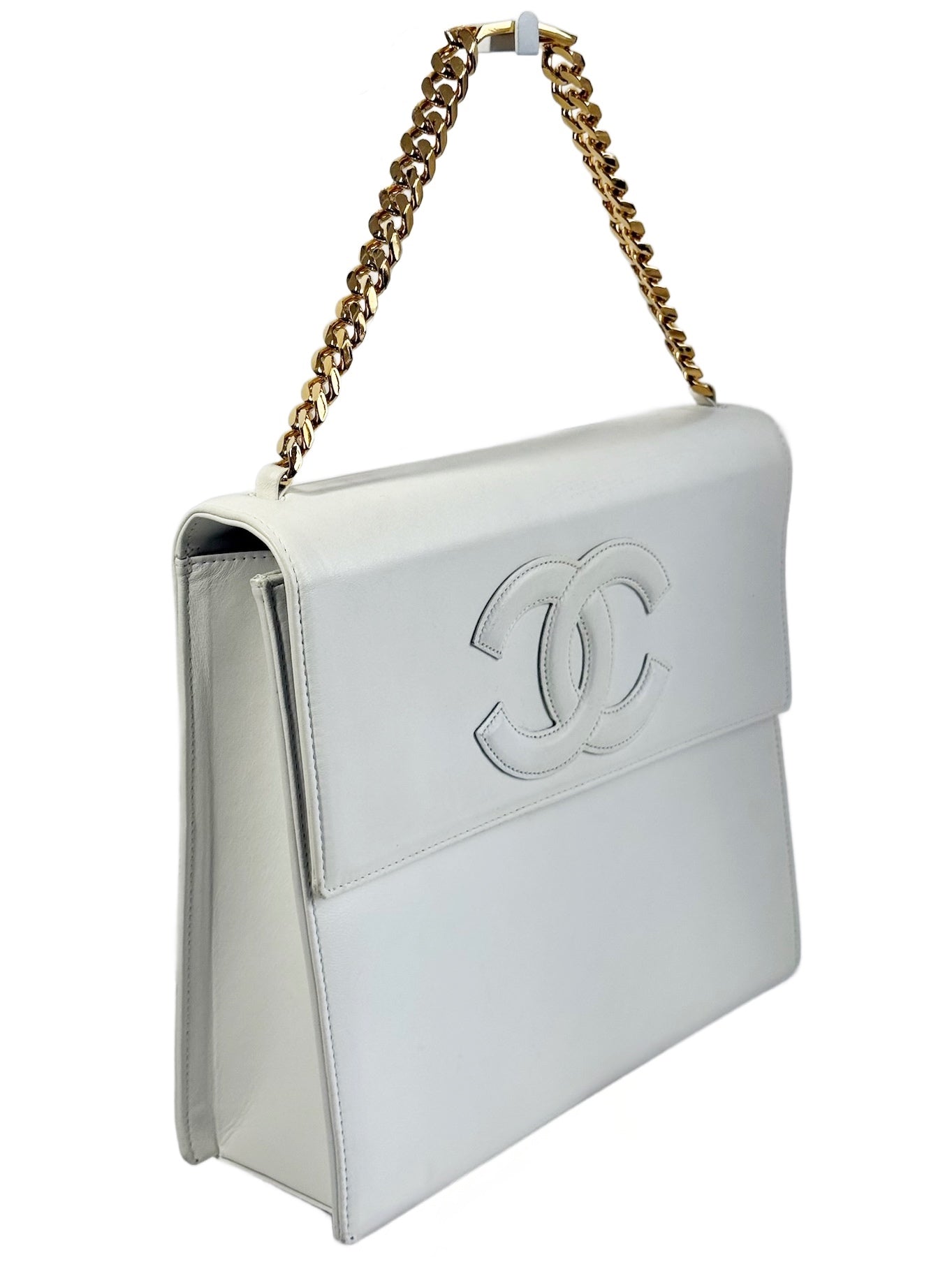 Chanel Vintage 90s White Lambskin CC Logo Top Handle Chain Bracelet Kelly Bag w 24K GPHW