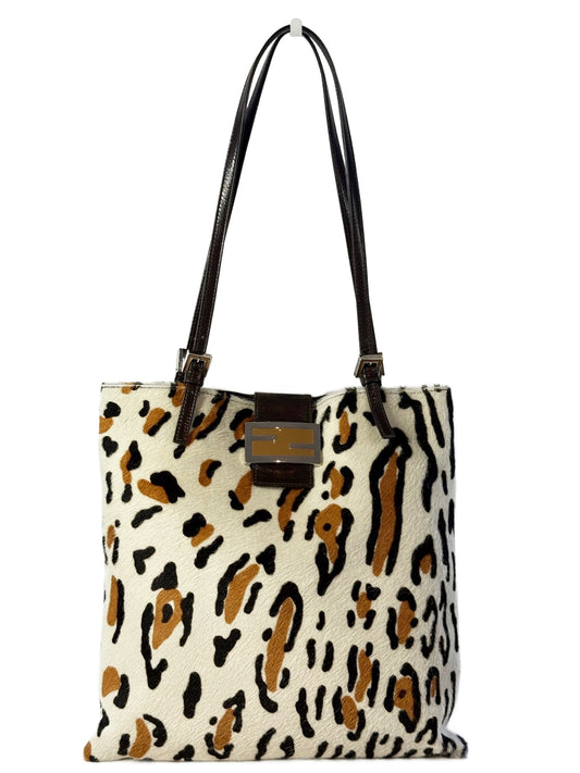 Fendi Vintage White Leopard Print Pony Hair Long Flat Tote Bag